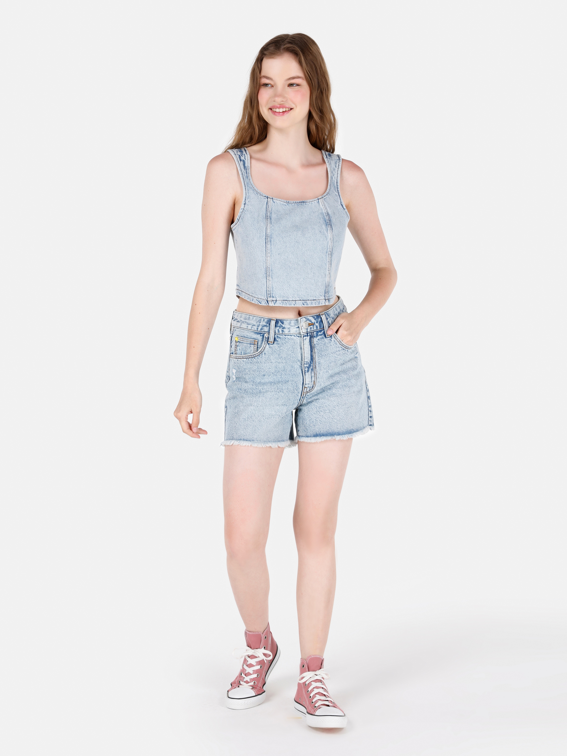 Afișați detalii pentru Short / Pantaloni Scurti De Dama Albastru Mom Fit  