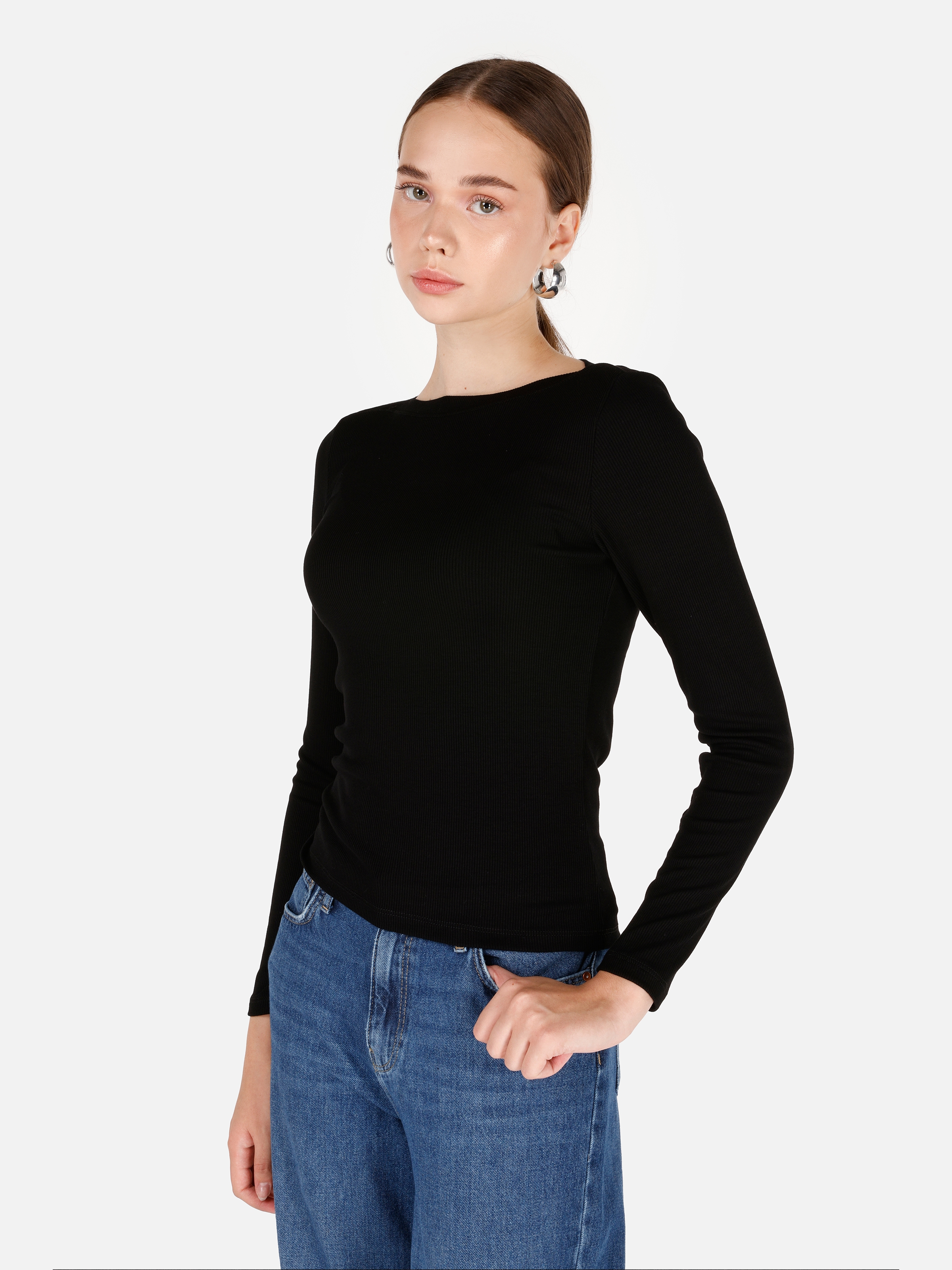 Afișați detalii pentru Tricou Cu Maneca Lunga De Dama Negru Slim Fit  CL1070957