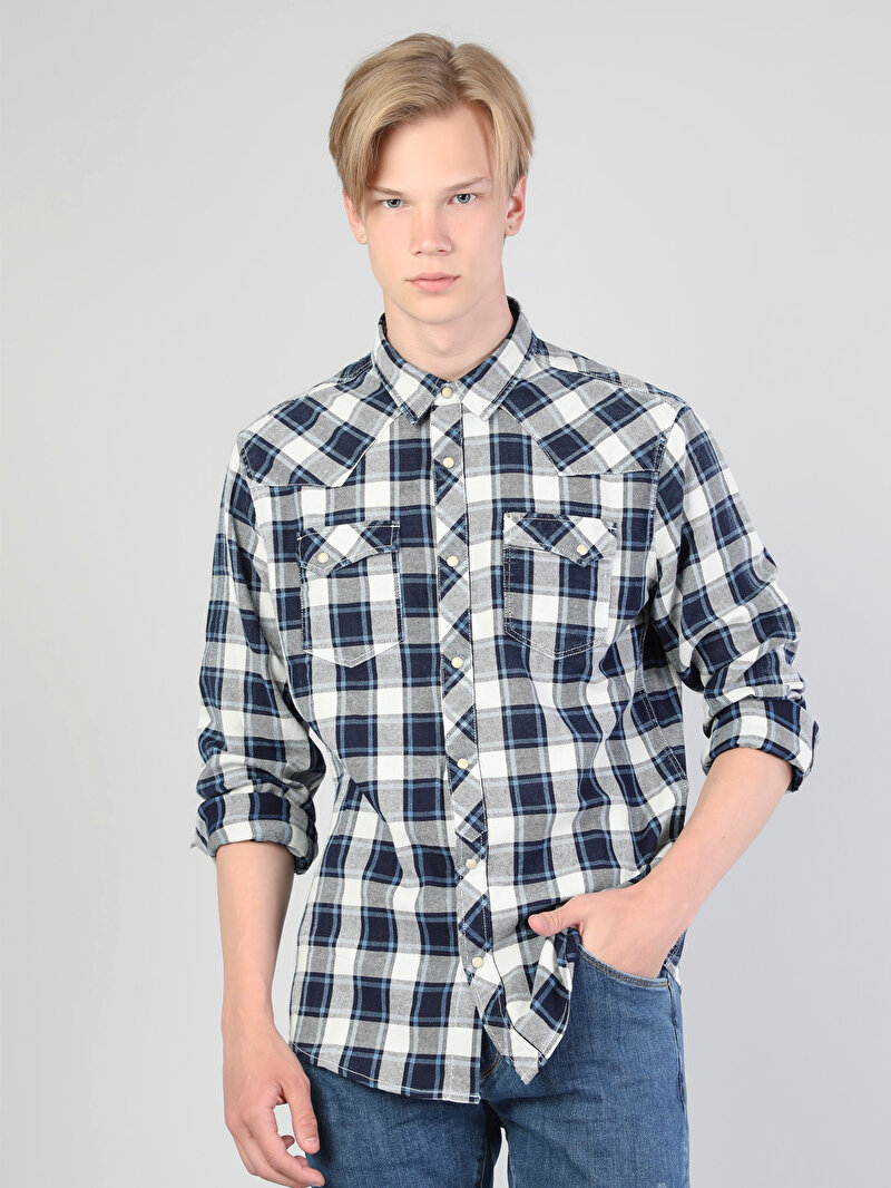 Imagine a Gulerul Cămășii Barbati Albastru İnchis Camasa Cu Maneca Lunga