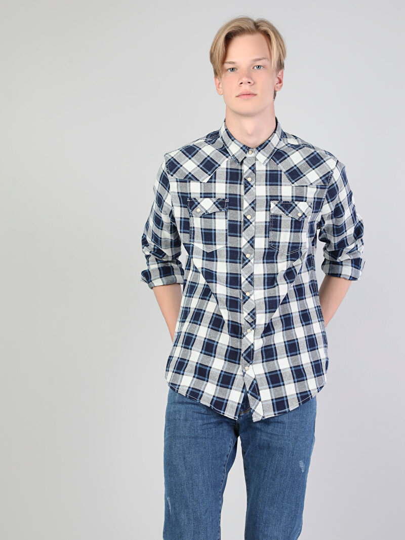 Afișați detalii pentru Gulerul Cămășii Barbati Albastru İnchis Camasa Cu Maneca Lunga