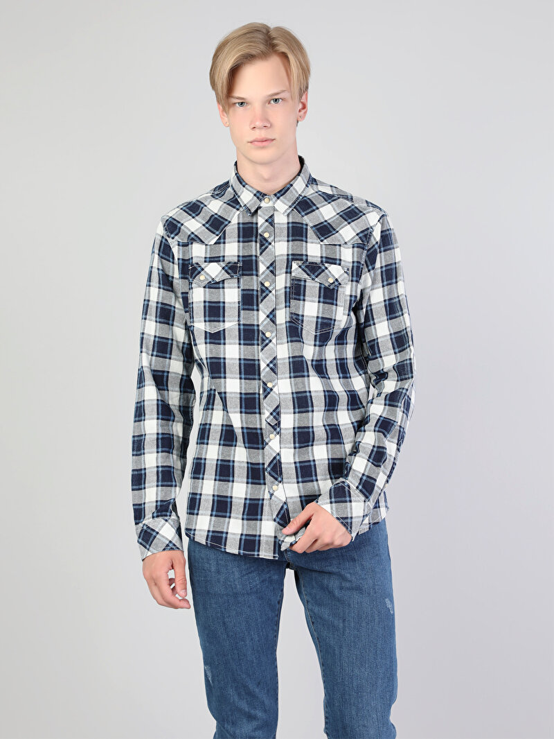 Afișați detalii pentru Gulerul Cămășii Barbati Albastru İnchis Camasa Cu Maneca Lunga