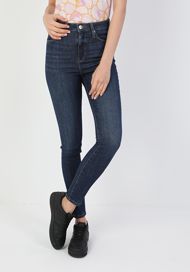 Imagine a Super Slim Fit Talie Talie Picior Îngust Blugi Bleumarin Pentru Femei