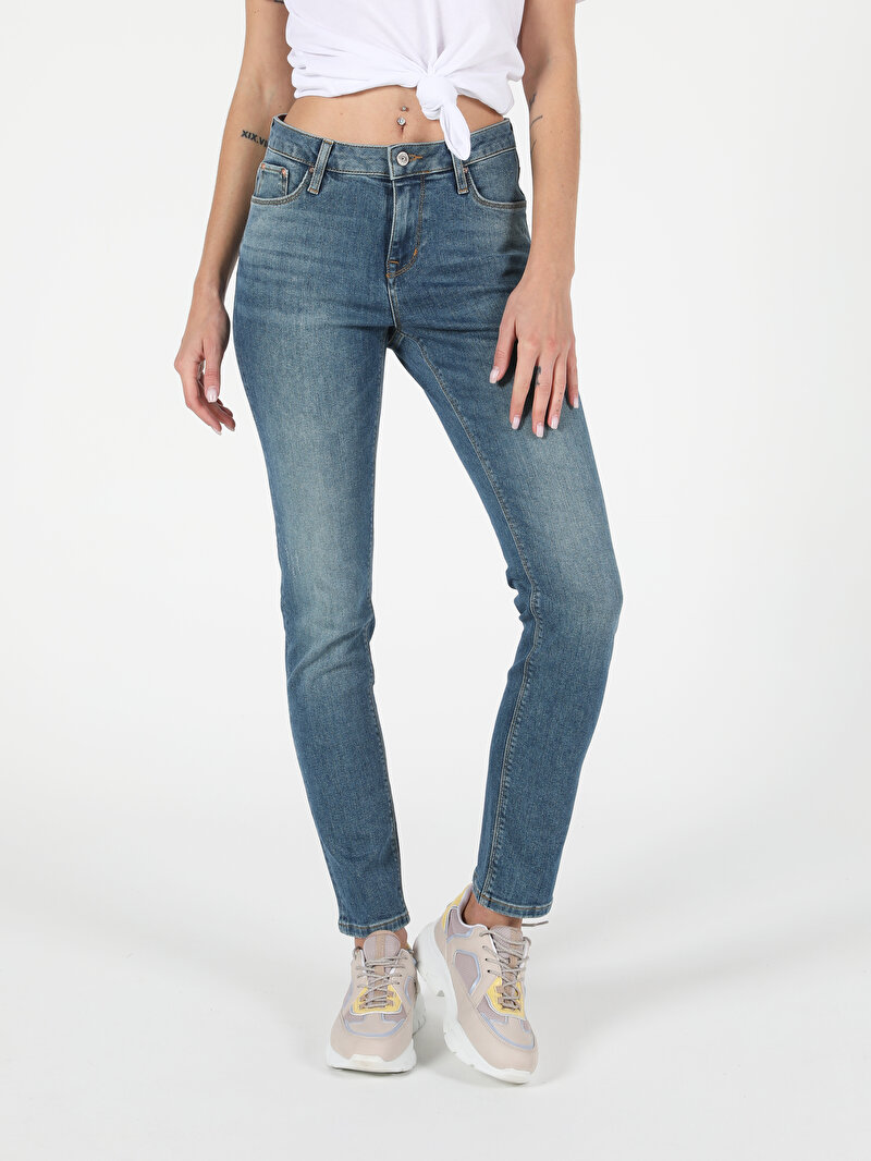 Afișați detalii pentru Blugi De Dama Cu Talie Medie Slim Fit Albastri  703 Carla