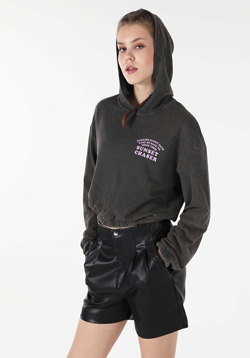 Afișați detalii pentru Regular Fit Round Neck Printed Hanorac Antracit Pentru Femei