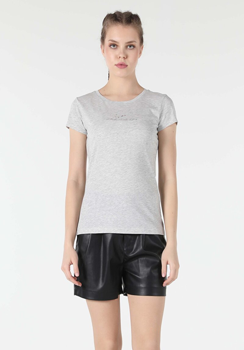 Afișați detalii pentru Regular Fit Round Neck Imprimat Gri Tricou Manșon Scurt Pentru Femei