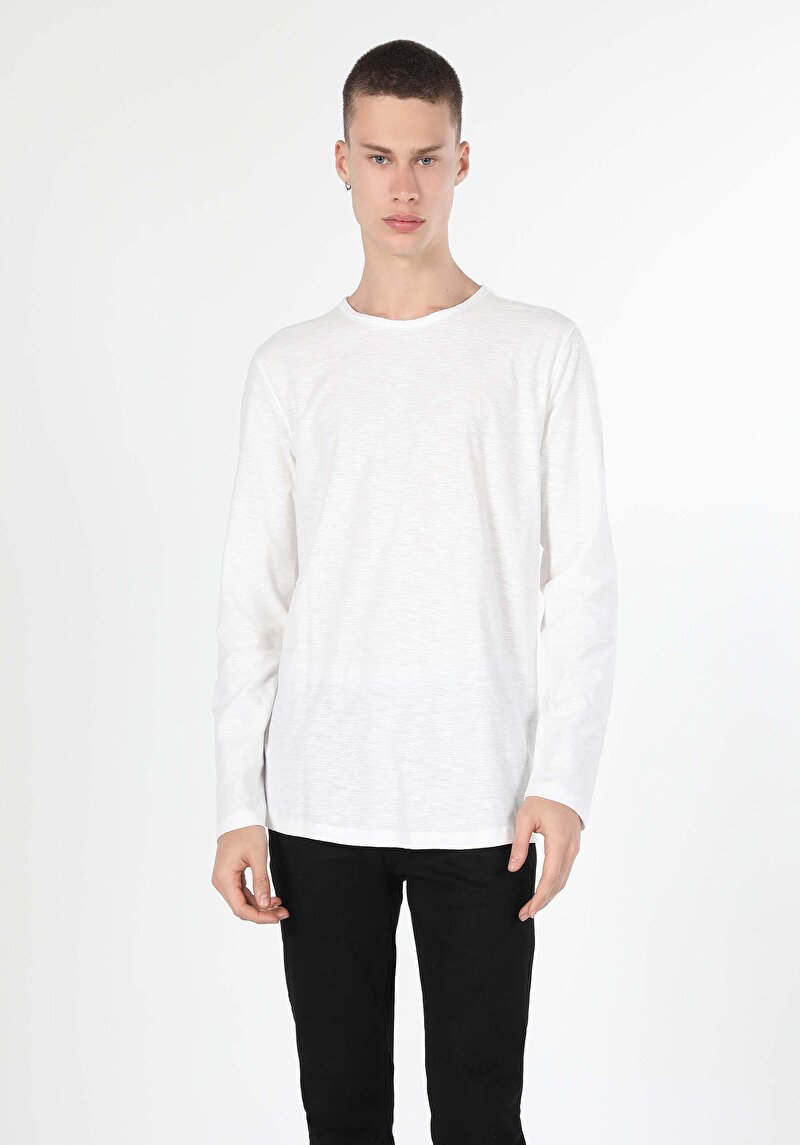 Imagine a Regular Fit Round Neck Drept Bărbați Alb Tricou Cu Manșon Lung