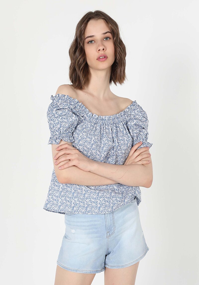 Imagine a Regular Fit Cămașă Cu Guler Pătrat Floral Pentru Femei Albastru Pepene Verde