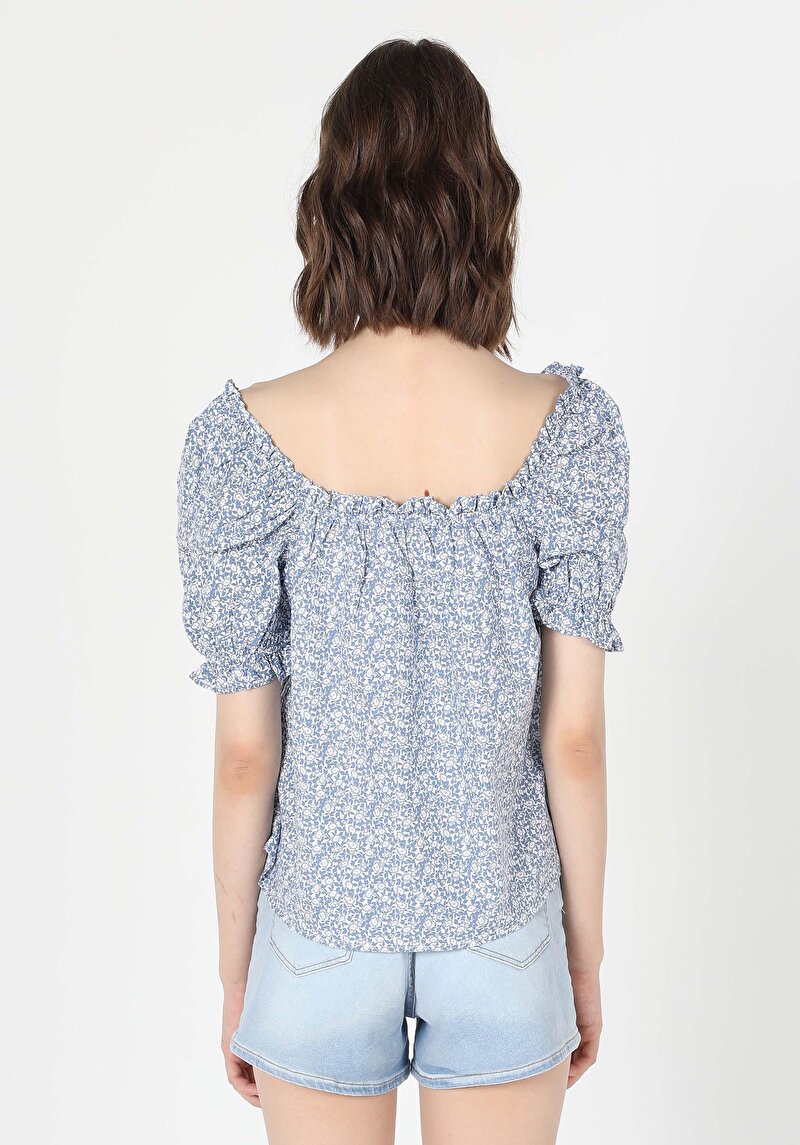 Imagine a Regular Fit Cămașă Cu Guler Pătrat Floral Pentru Femei Albastru Pepene Verde