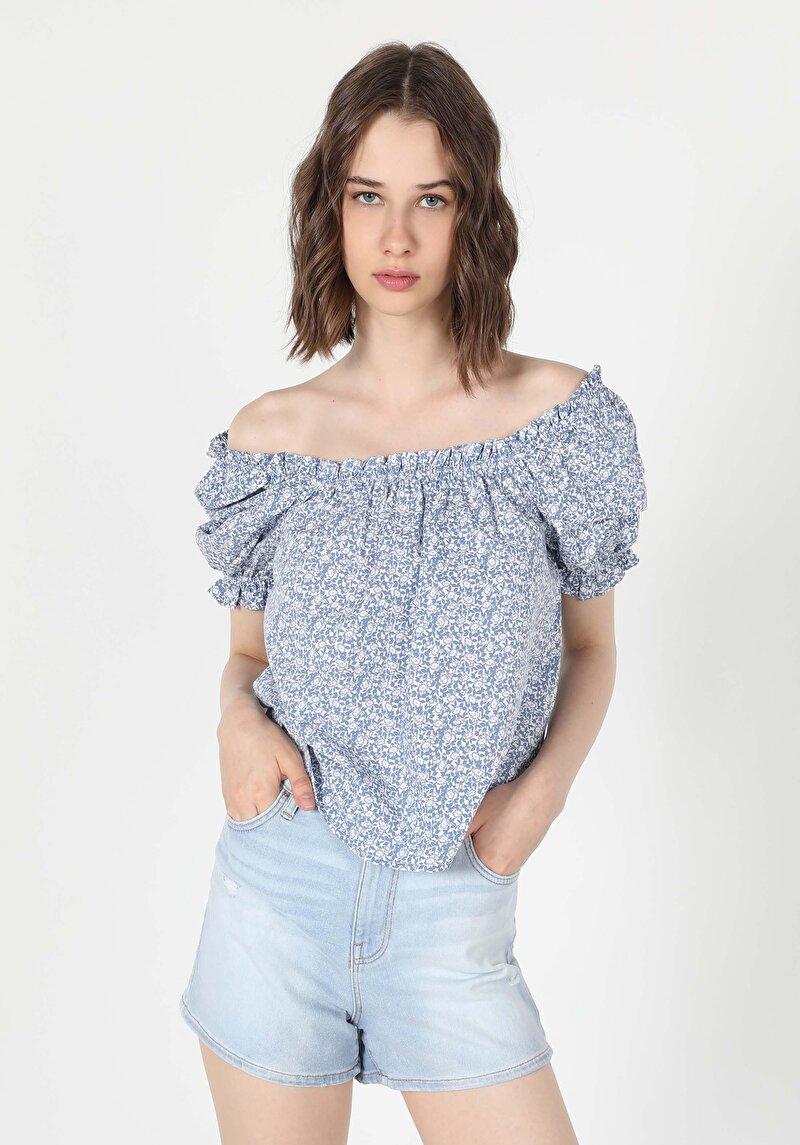 Imagine a Regular Fit Cămașă Cu Guler Pătrat Floral Pentru Femei Albastru Pepene Verde