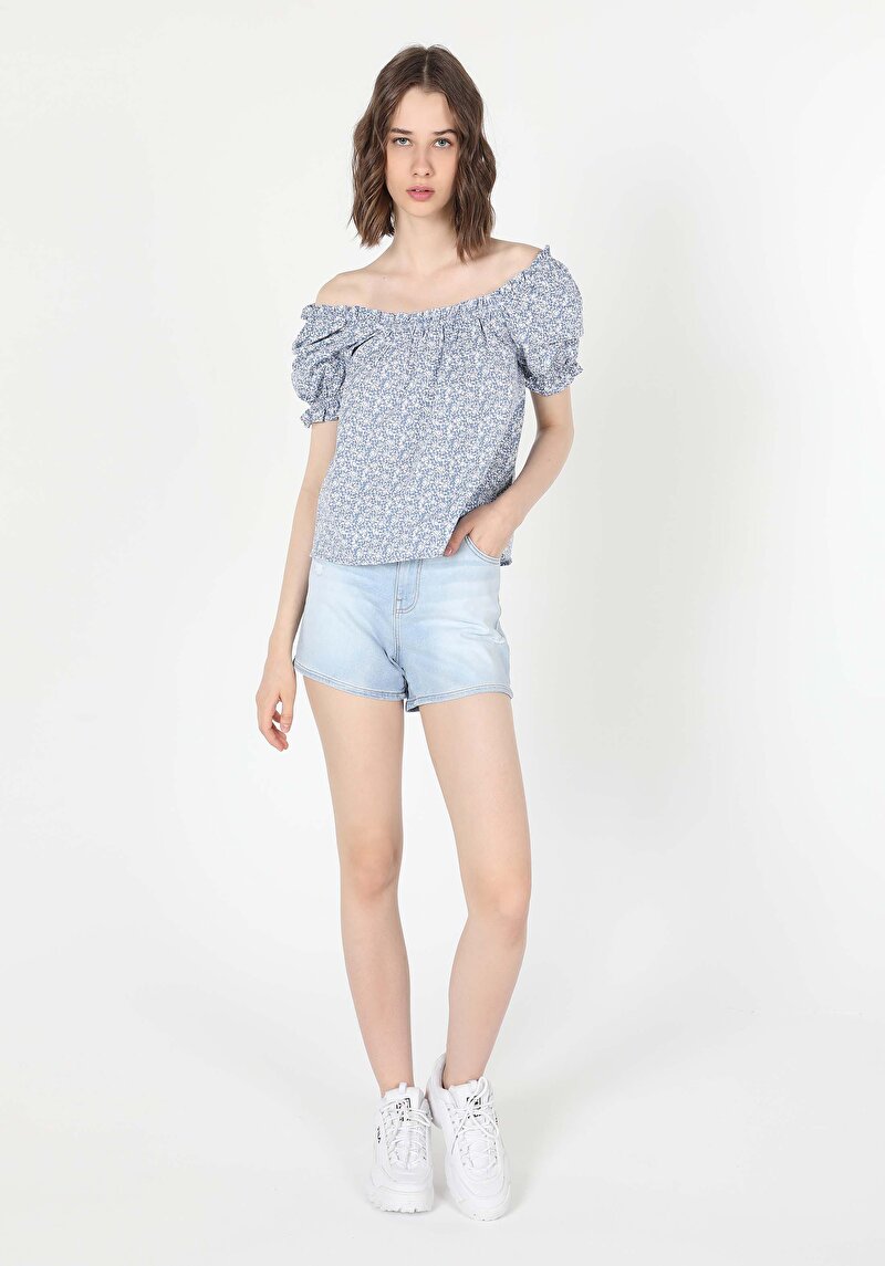 Imagine a Regular Fit Cămașă Cu Guler Pătrat Floral Pentru Femei Albastru Pepene Verde