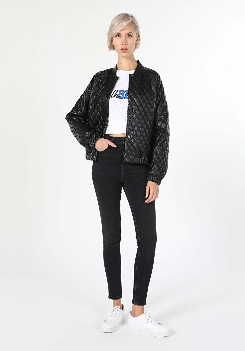 Afișați detalii pentru Regular Fit Dominant Collar Snap Lined Palton Negru Pentru Femei Pu