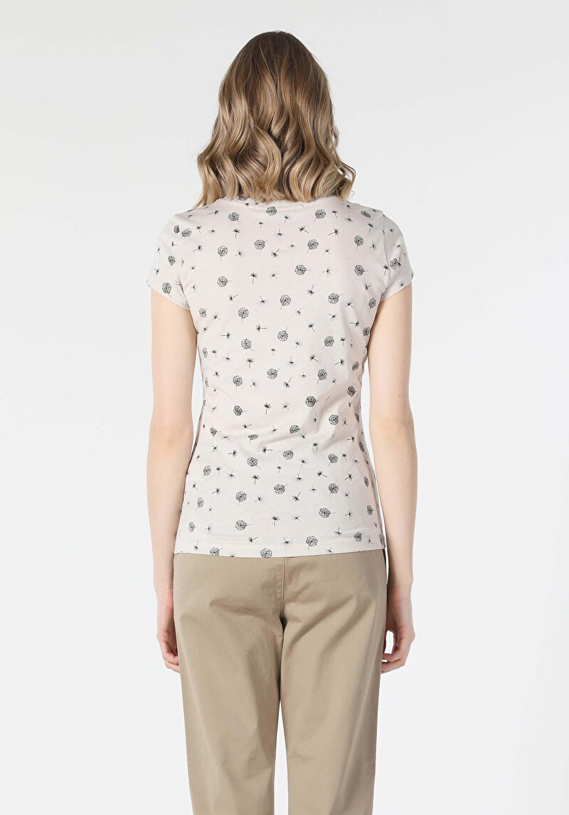 Afișați detalii pentru Slim Fit Round Collar Imprimat Bej Tricou Manșon Scurt Pentru Femei