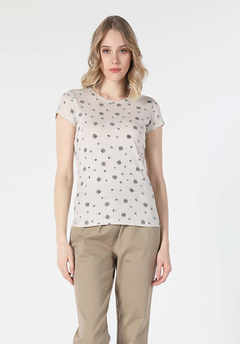 Afișați detalii pentru Slim Fit Round Collar Imprimat Bej Tricou Manșon Scurt Pentru Femei