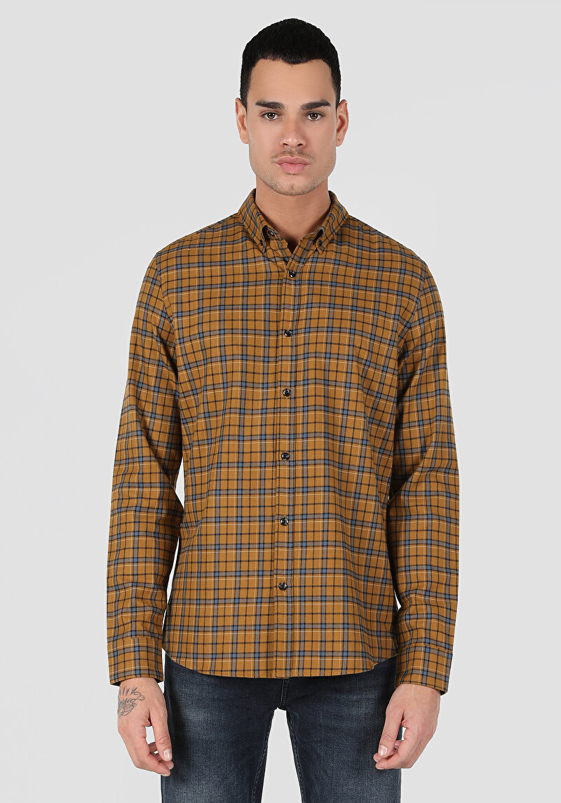 Afișați detalii pentru Cămașă Slim Fit Gât În Carouri Cămașă Cu Mânecă Lungă Sari Pentru Bărbați