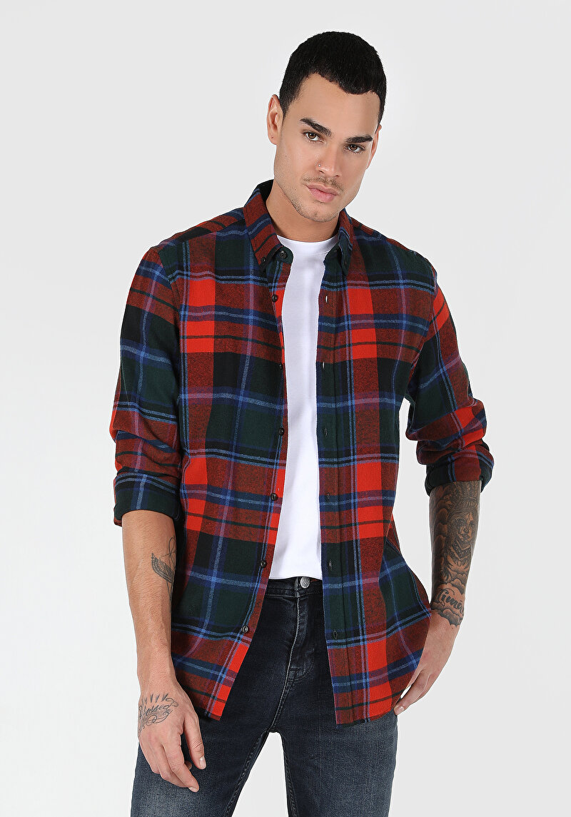 Imagine a Cămașă Cu Gât În Carouri Cămașă Portocalie Cu Mânecă Lungă Pentru Bărbați