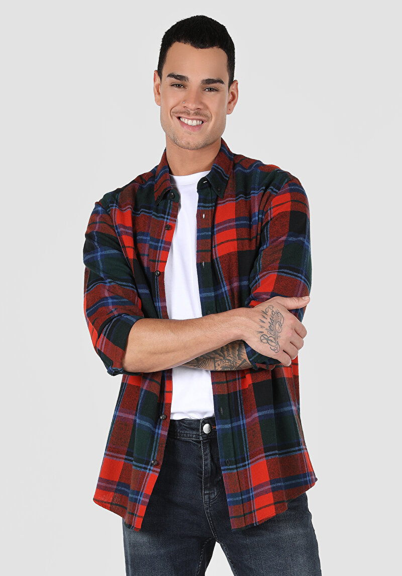 Afișați detalii pentru Cămașă Cu Gât În Carouri Cămașă Portocalie Cu Mânecă Lungă Pentru Bărbați