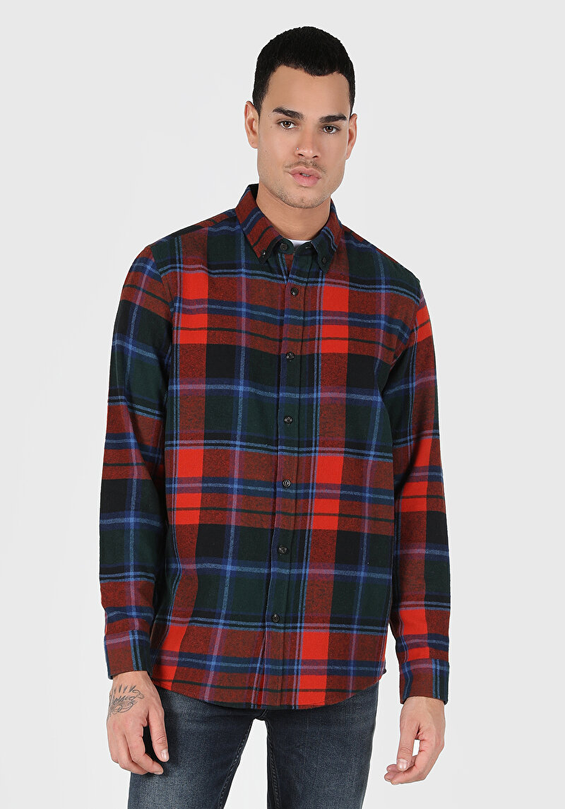 Afișați detalii pentru Cămașă Cu Gât În Carouri Cămașă Portocalie Cu Mânecă Lungă Pentru Bărbați