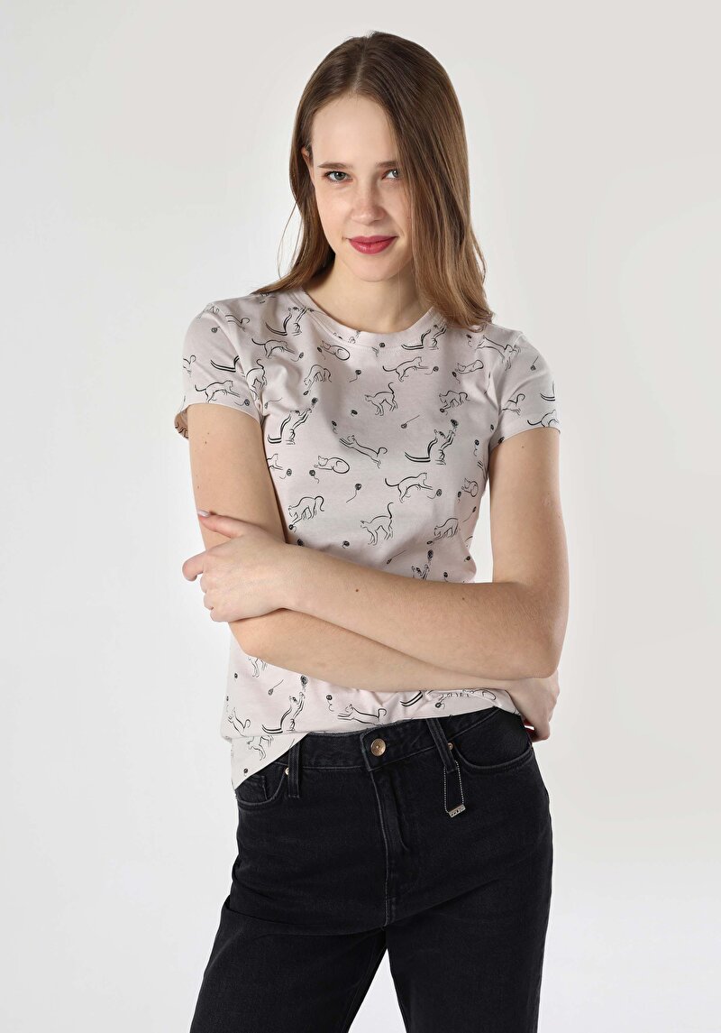 Imagine a Tricou Cu Maneca Scurta De Dama Bej Slim Fit Cl1063445