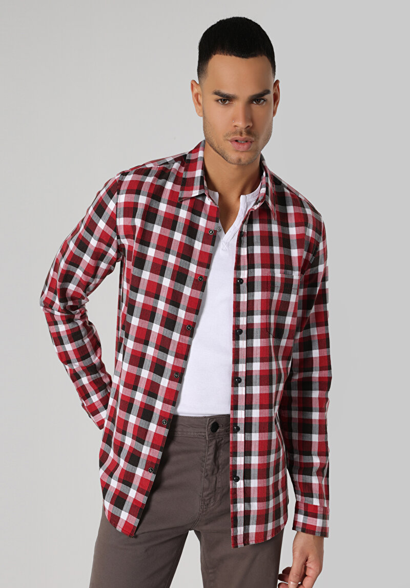 Imagine a Cămașă Slim Fit Gât În Carouri Cămașă Roșie Cu Mânecă Lungă Pentru Bărbați