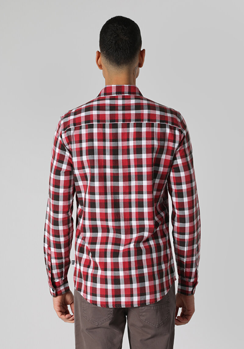 Afișați detalii pentru Cămașă Slim Fit Gât În Carouri Cămașă Roșie Cu Mânecă Lungă Pentru Bărbați
