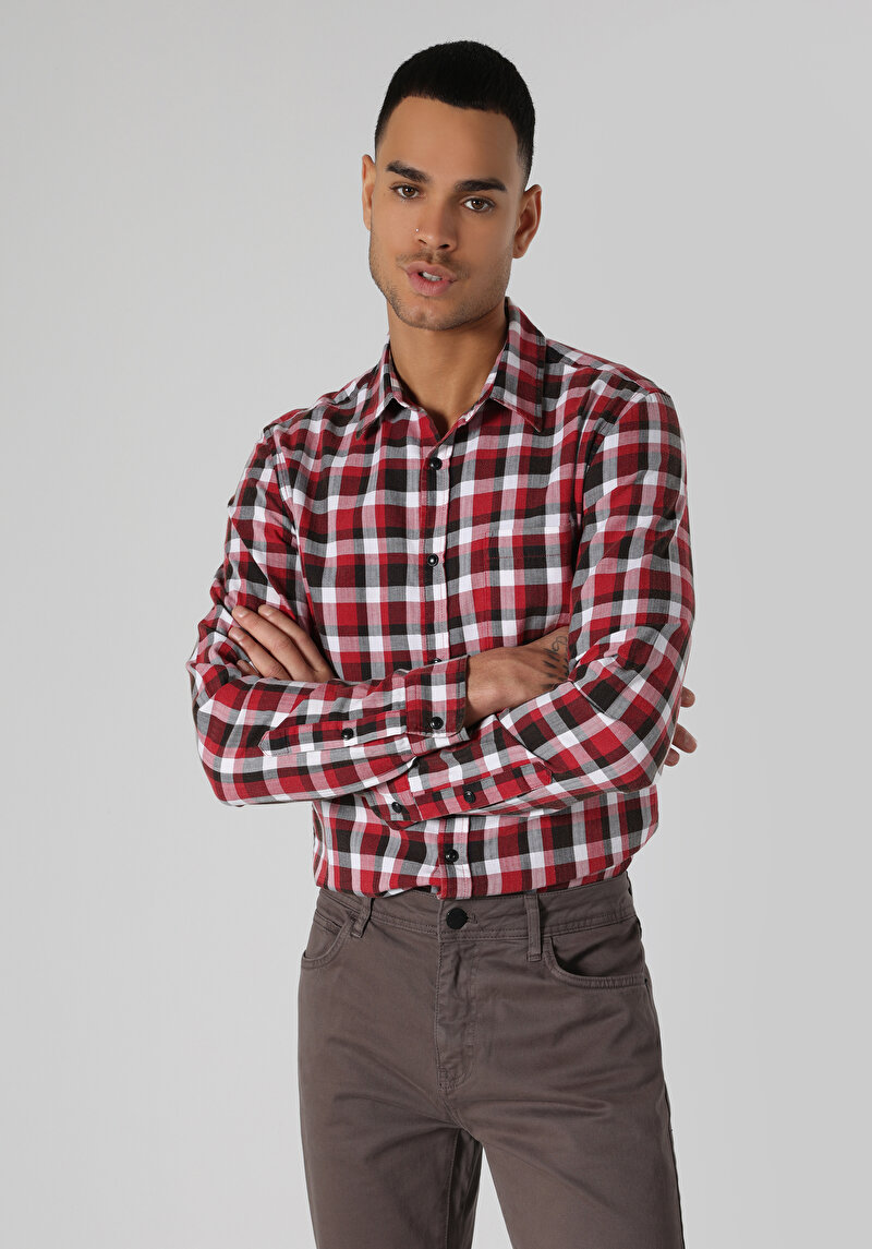 Afișați detalii pentru Cămașă Slim Fit Gât În Carouri Cămașă Roșie Cu Mânecă Lungă Pentru Bărbați