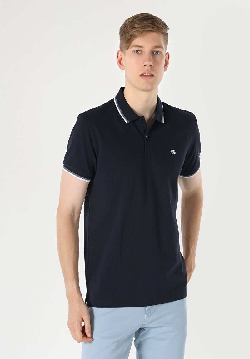 Imagine a Regular Fit Polo Neck Drept Bărbați Bleumarin Tricou Cu Mânecă Scurtă