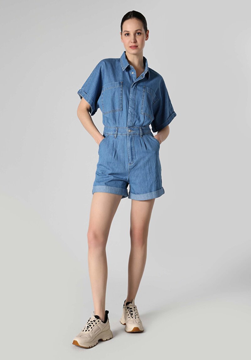 Imagine a Regular Fit Talie Înaltă Drept Pantaloni Scurți De Jean Indigo Pentru Femei