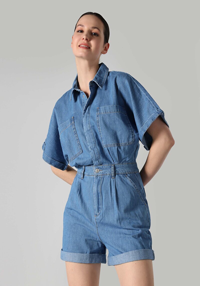 Afișați detalii pentru Regular Fit Talie Înaltă Drept Pantaloni Scurți De Jean Indigo Pentru Femei