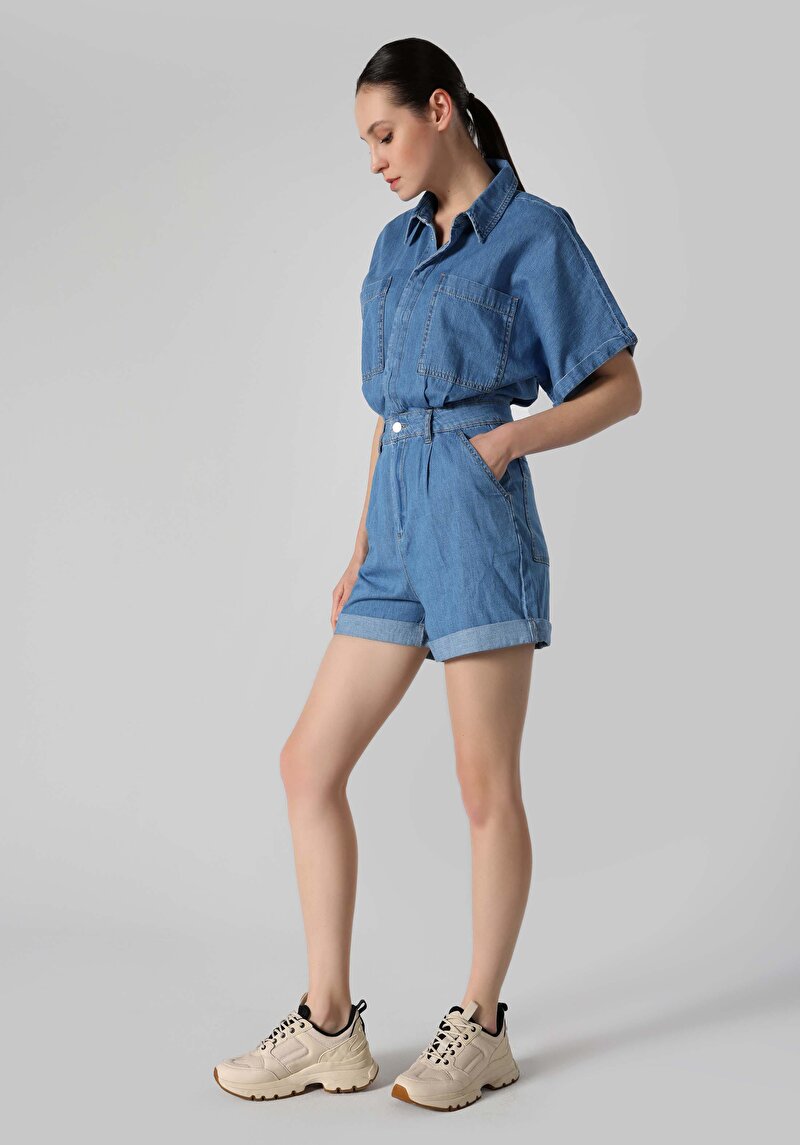 Afișați detalii pentru Regular Fit Talie Înaltă Drept Pantaloni Scurți De Jean Indigo Pentru Femei