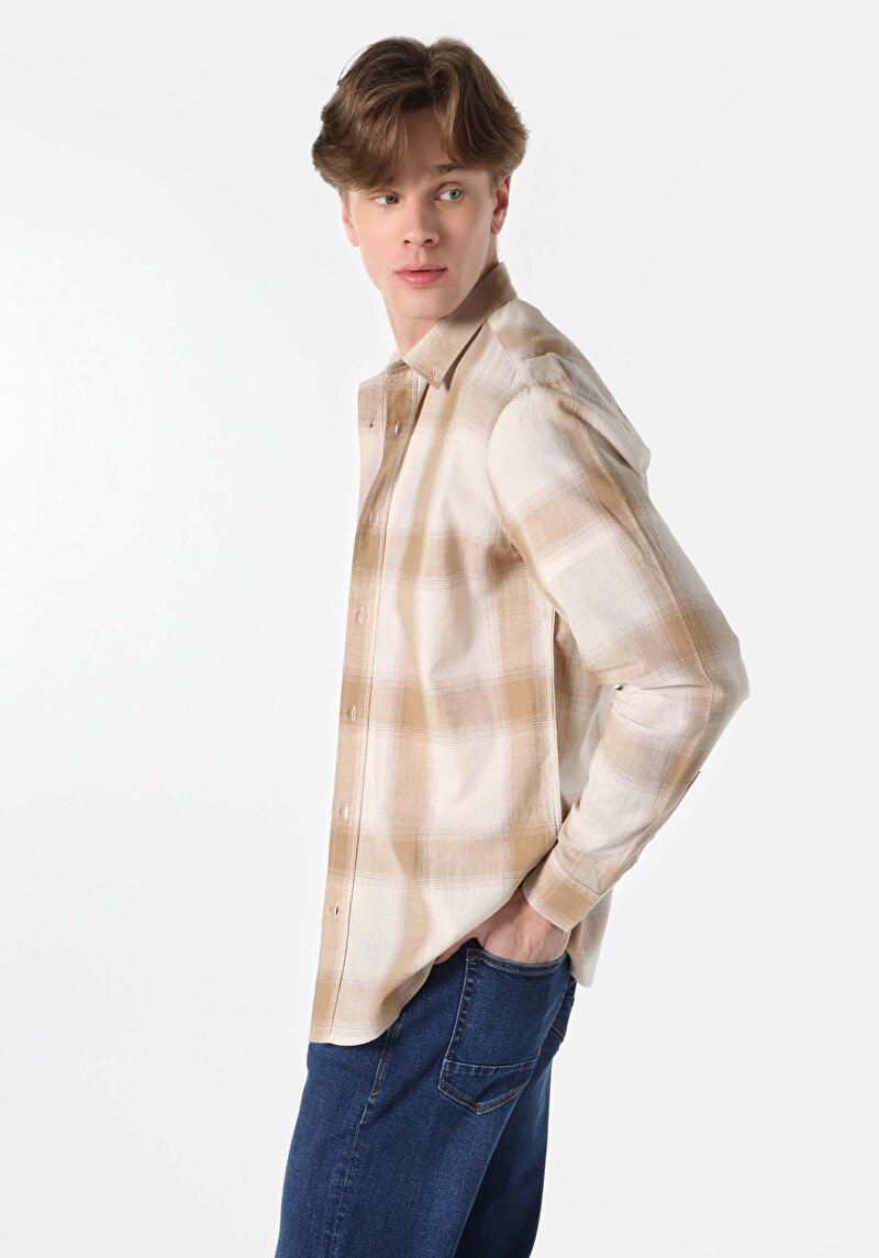 Imagine a Cămașă Cu Gât În Carouri Cămașă Cu Mânecă Lungă Bej Pentru Bărbați