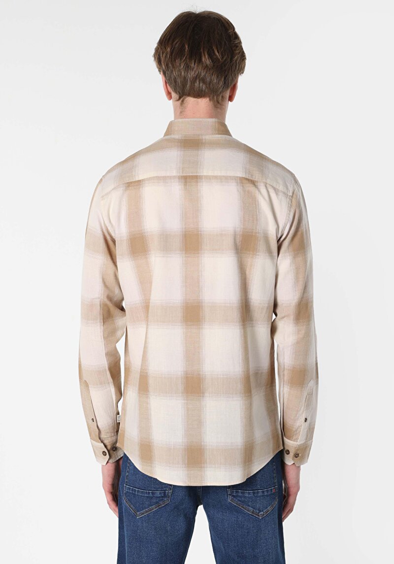 Afișați detalii pentru Cămașă Cu Gât În Carouri Cămașă Cu Mânecă Lungă Bej Pentru Bărbați
