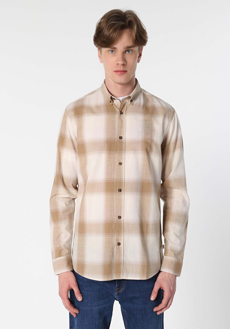 Afișați detalii pentru Cămașă Cu Gât În Carouri Cămașă Cu Mânecă Lungă Bej Pentru Bărbați