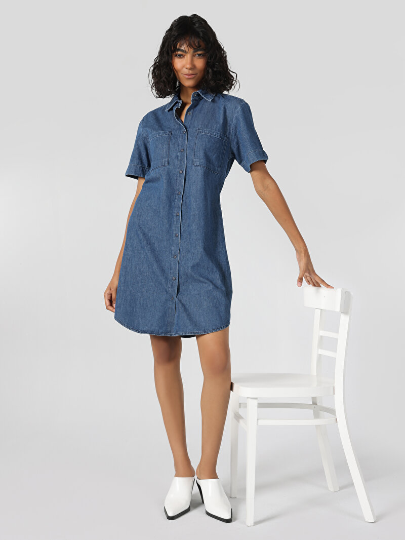 Afișați detalii pentru Rochie Slim Fit Dreaptă Pentru Femei Albastră Cu Mânecă Scurtă