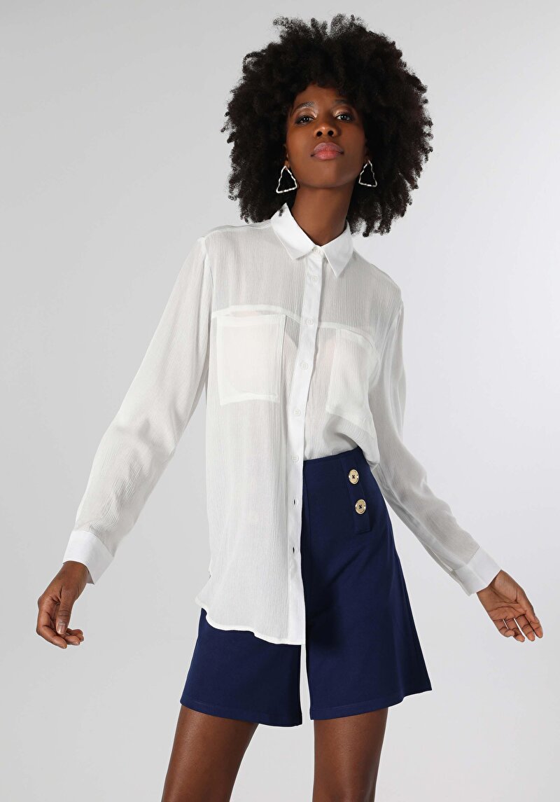 Imagine a Regular Fit Cămașă Decolteu Drept Cămașă Albă Cu Mânecă Lungă Pentru Femei