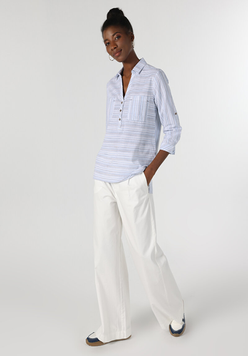 Afișați detalii pentru Cămașă Regular Fit Neck Cămașă Albastră Roll-Up Pentru Femei