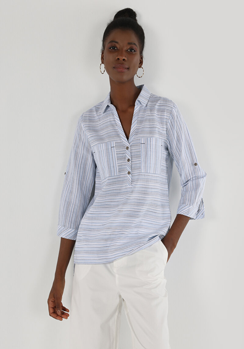 Afișați detalii pentru Cămașă Regular Fit Neck Cămașă Albastră Roll-Up Pentru Femei