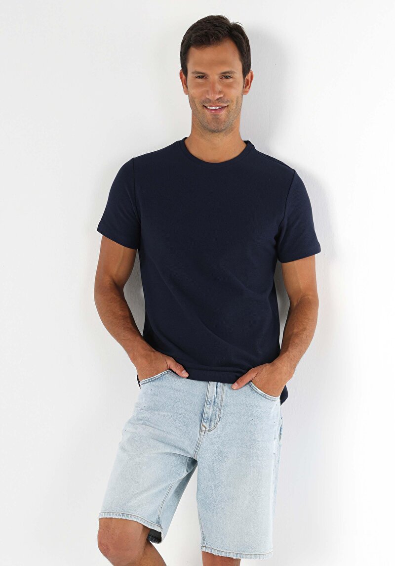 Imagine a Regular Fit Round Neck Jacquard Bărbați Bleumarin Tricou Cu Mânecă Scurtă