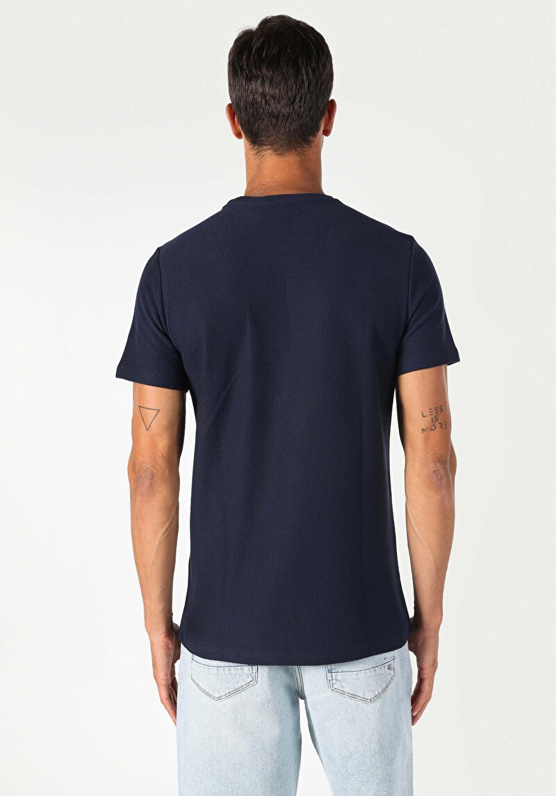 Afișați detalii pentru Regular Fit Round Neck Jacquard Bărbați Bleumarin Tricou Cu Mânecă Scurtă