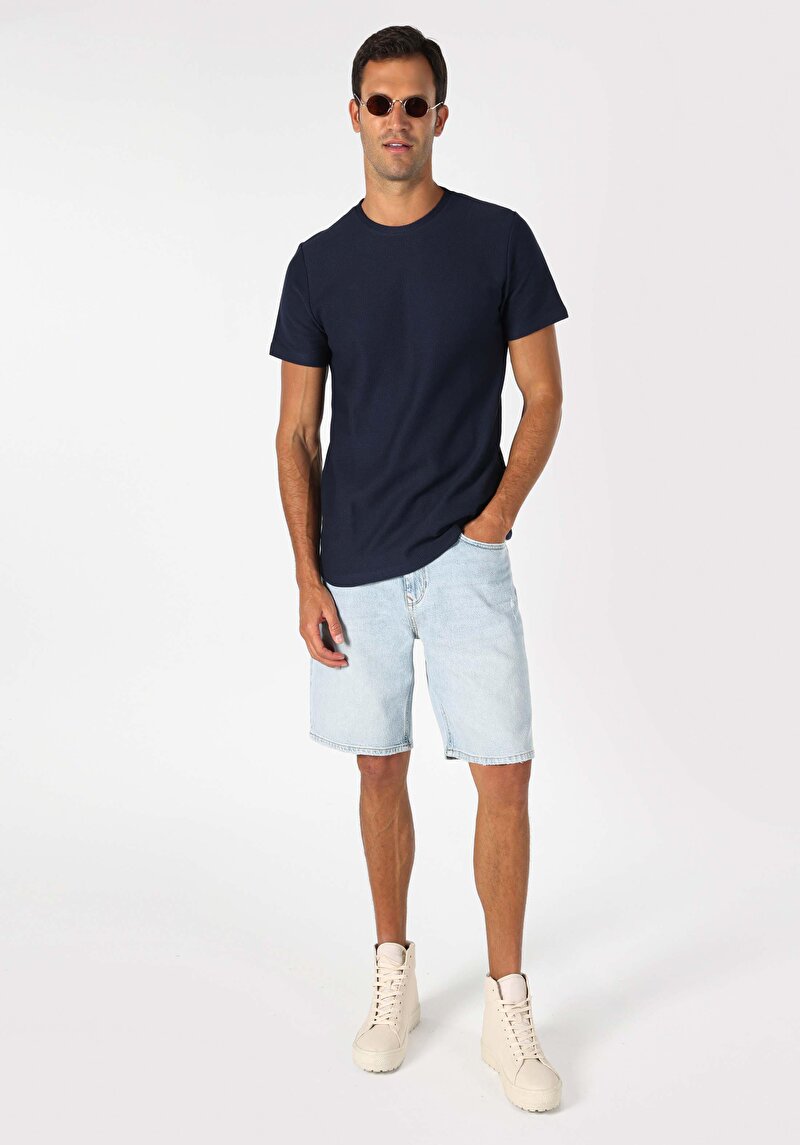 Afișați detalii pentru Regular Fit Round Neck Jacquard Bărbați Bleumarin Tricou Cu Mânecă Scurtă