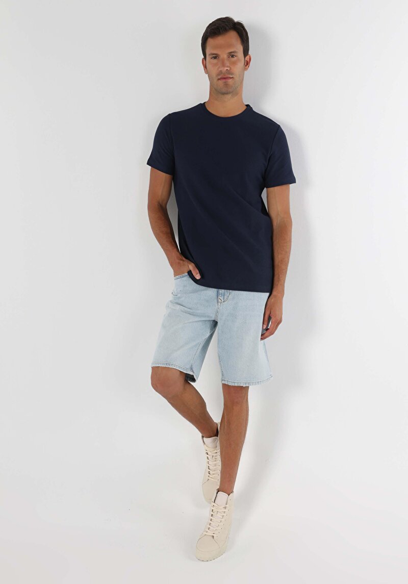 Afișați detalii pentru Regular Fit Round Neck Jacquard Bărbați Bleumarin Tricou Cu Mânecă Scurtă