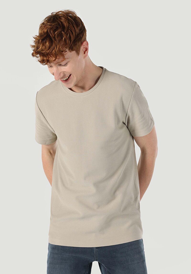 Imagine a Regular Fit Round Neck Jacquard Bărbați Bej Tricou Cu Mânecă Scurtă