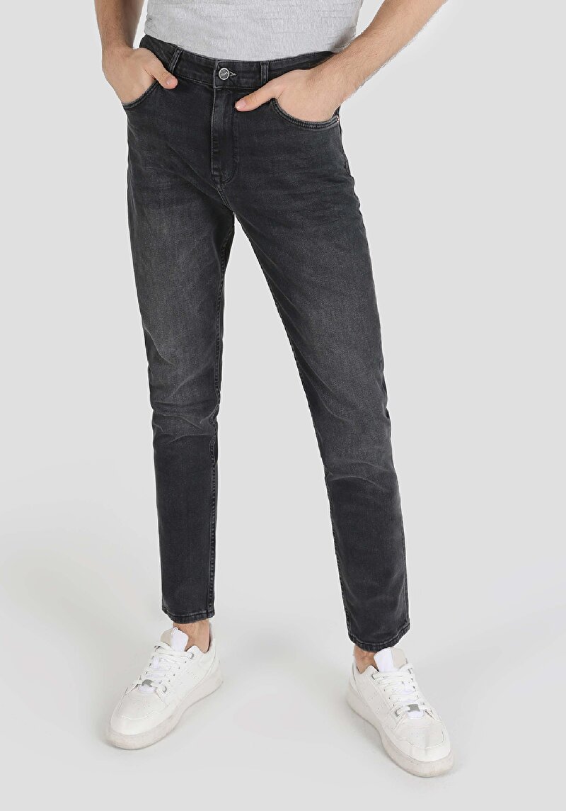 Afișați detalii pentru Skinny Fit Talie Talie Picior Îngust Blugi Negri Pentru Bărbați