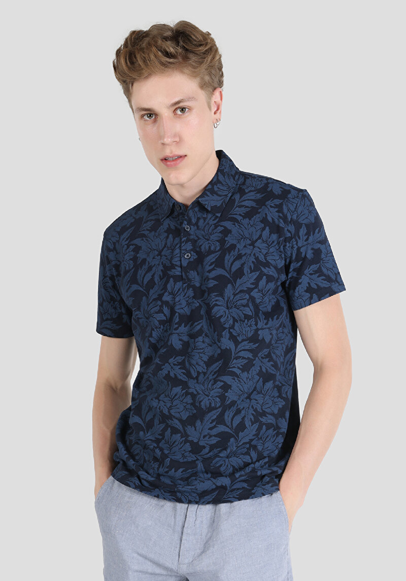 Imagine a Regular Fit Polo Collar Printed Bleumarin Tricou Cu Mânecă Scurtă Pentru Bărbați