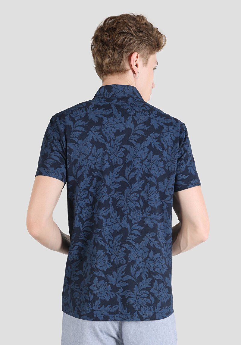 Afișați detalii pentru Regular Fit Polo Collar Printed Bleumarin Tricou Cu Mânecă Scurtă Pentru Bărbați