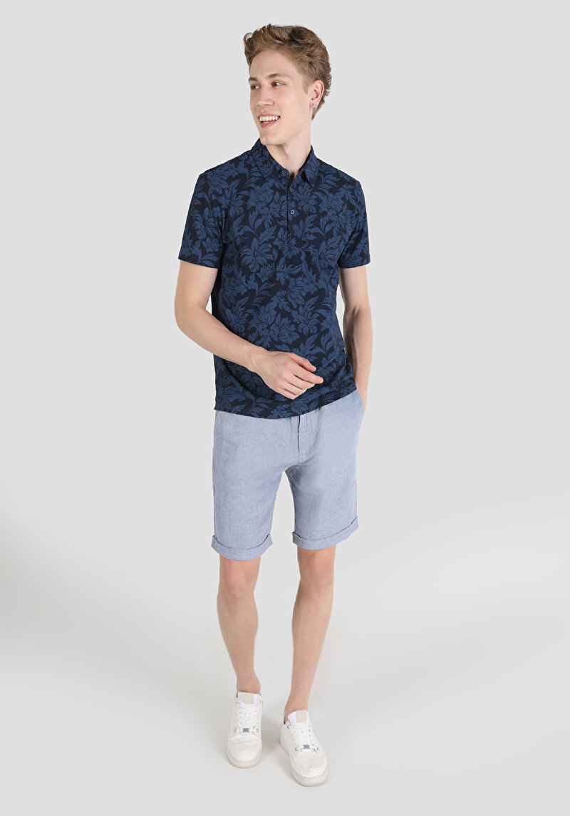 Afișați detalii pentru Regular Fit Polo Collar Printed Bleumarin Tricou Cu Mânecă Scurtă Pentru Bărbați