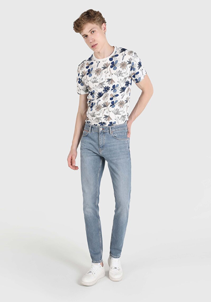 Imagine a Slim Fit Talie Joasă Picior Îngust Blugi İndigo Pentru Bărbați