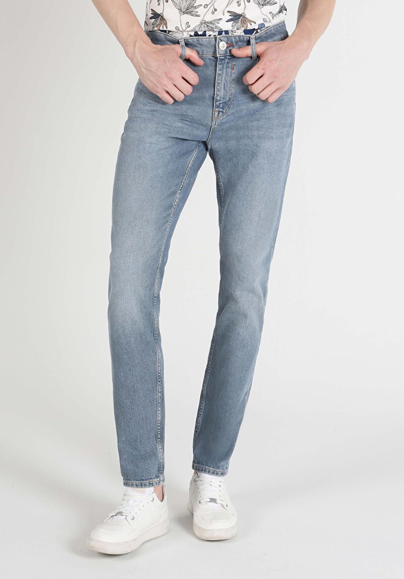 Imagine a Slim Fit Talie Joasă Picior Îngust Blugi İndigo Pentru Bărbați