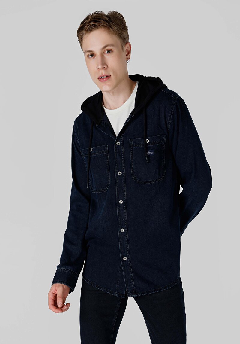 Imagine a Regular Fit Classic Collar Drept Cămașă Cu Mânecă Lungă Bleumarin Pentru Bărbați