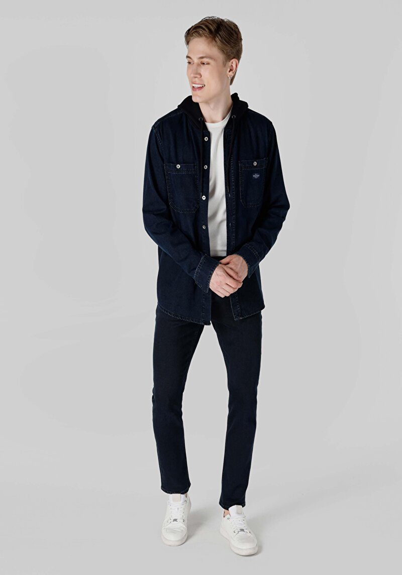 Imagine a Regular Fit Classic Collar Drept Cămașă Cu Mânecă Lungă Bleumarin Pentru Bărbați