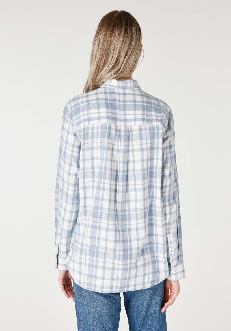 Afișați detalii pentru Cămașă Regular Fit Gât În Carouri Cămașă Albastră Cu Mânecă Lungă Pentru Femei